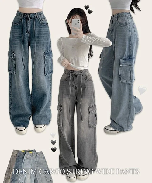 틴스 하이웨스트 스트링 카고 빈티지 워싱 포켓 일자 와이드 데님팬츠 바지 청바지 (하이웨스트 데님팬츠 청바지 바지 카고바지 카고데님)